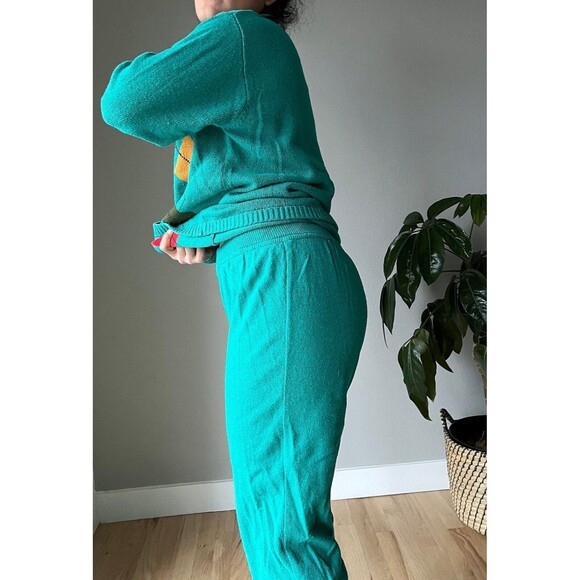 vtg 90s silk wool green knit sweater set‎ argyle print retro loungewear small - Picture 5 of 9